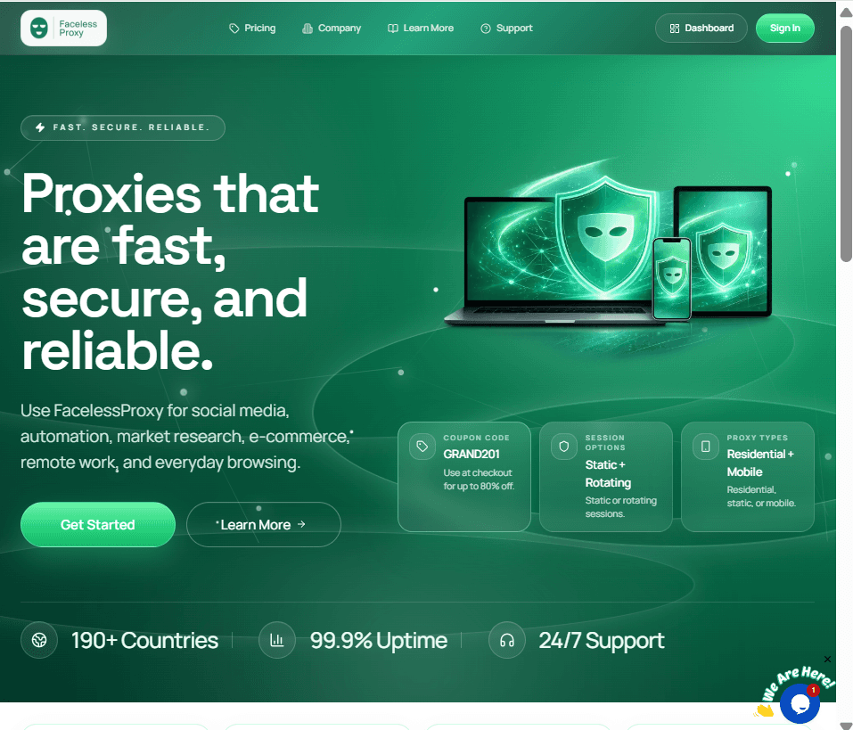 Screenshot preview of FacelessProxy website